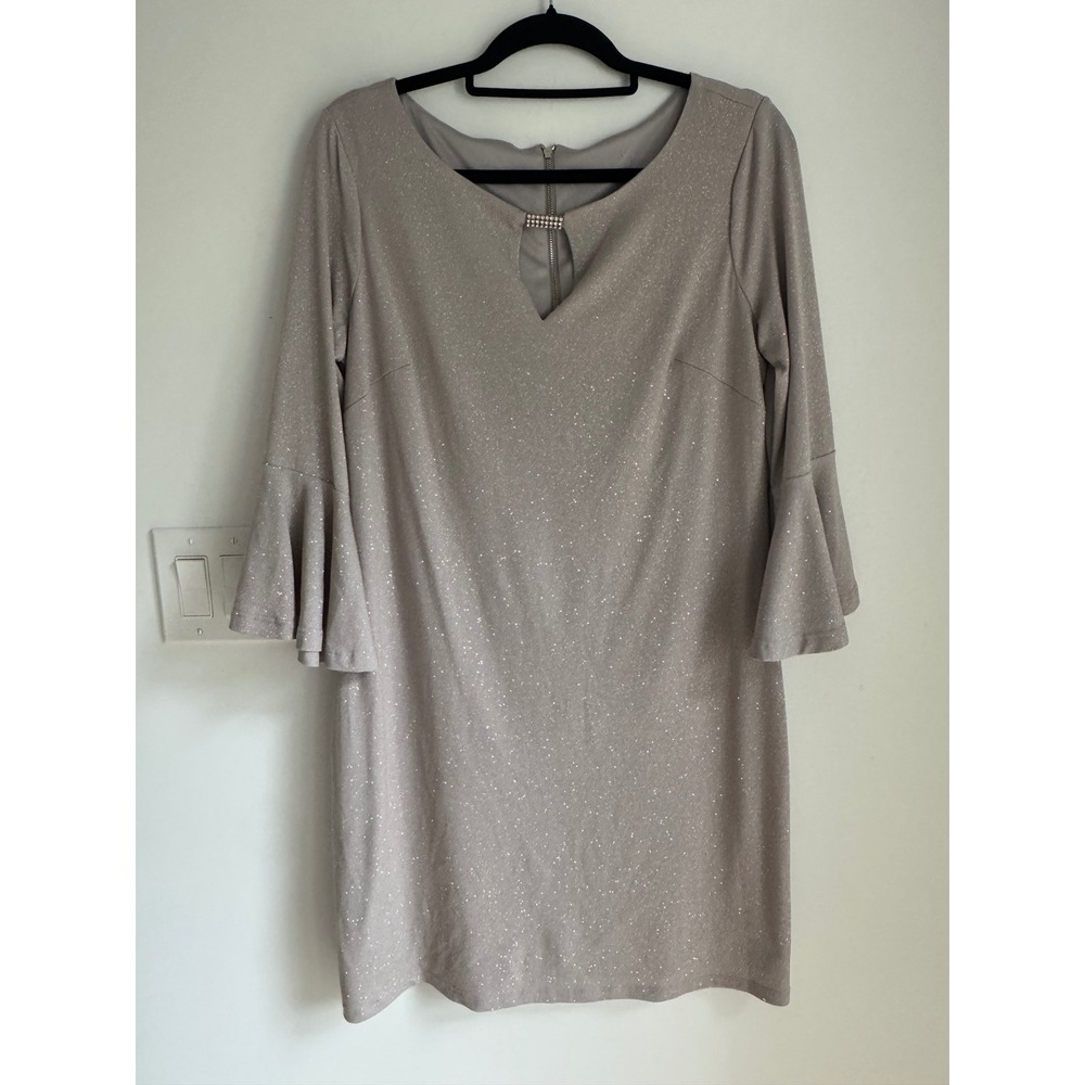 Eliza J Platinum Metallic Bell Sleeve Rhinestone Keyhole Sheath Dress 14 NEW